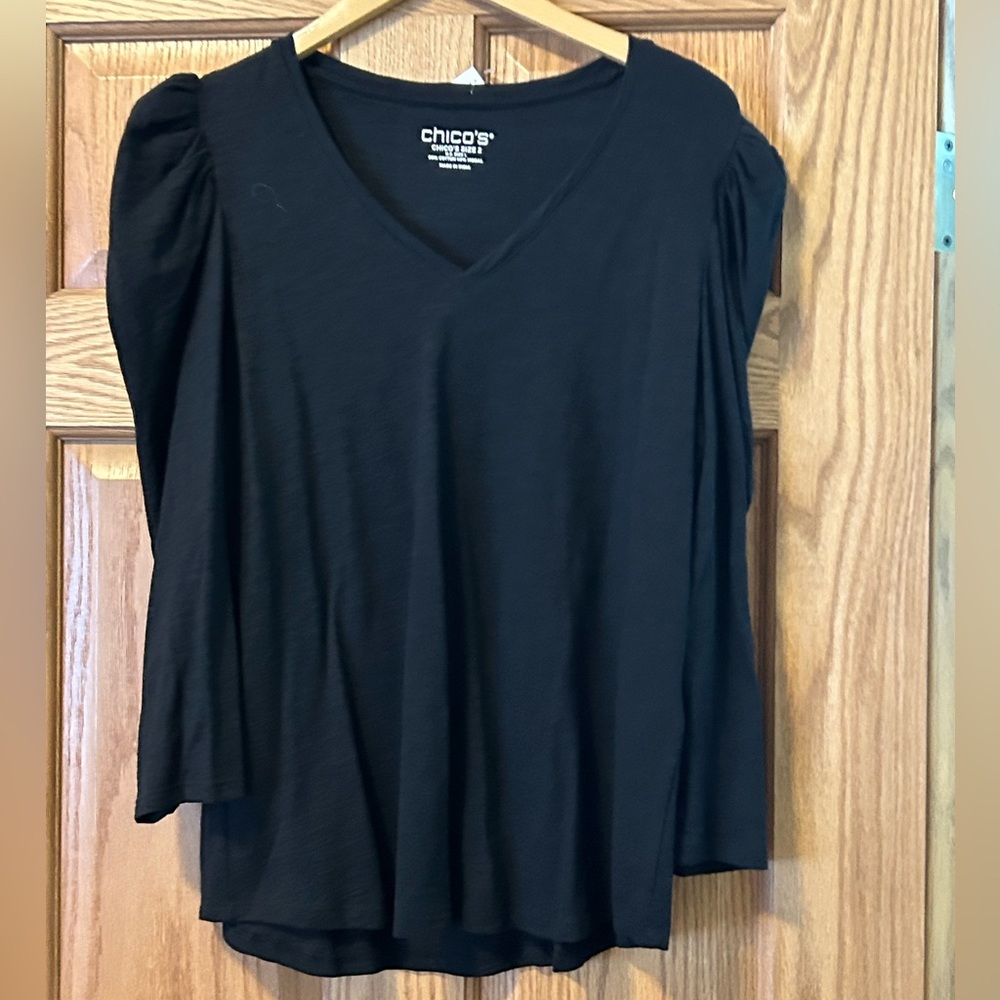 Chico's Black Asymmetrical Puff Sleeve Top